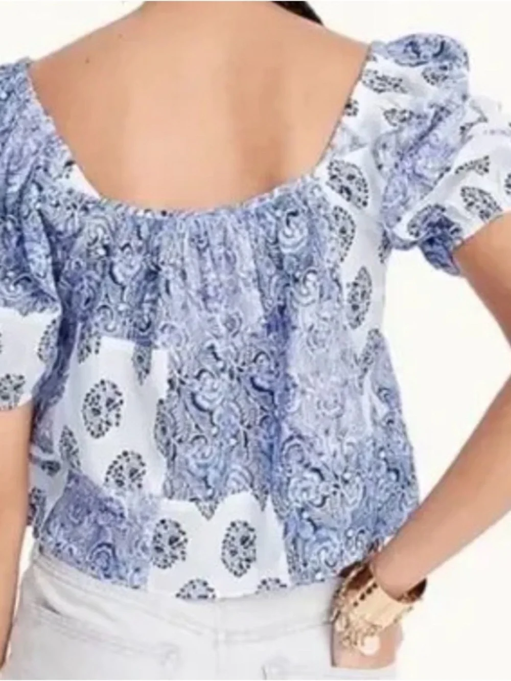 J. Crew White and Blue Printed Puff-Sleeve Blouse